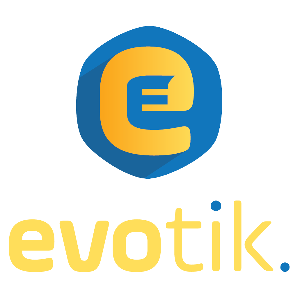 Logo featuring a stylized blue and yellow letter 'E' inside a hexagon, accompanied by the text "evotik." in yellow.